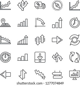 Thin Line Icon Set - signpost vector, right arrow, left, growth statistic, crisis graph, route, navigation, update, data exchange, download, compass, bar, moving, clock, presentation