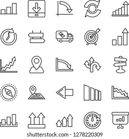 Thin Line Icon Set - signpost vector, left arrow, growth statistic, crisis graph, route, navigation, up side sign, sorting, download, compass, update, bar, moving, target, clock, presentation