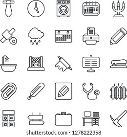 Thin Line Icon Set - signpost vector, case, calculator, abacus, desk, pencil, printer, rain, stethoscope, thermometer, satellite, clock, notes, calendar, presentation board, paper clip, stapler, tie