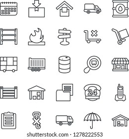 Thin Line Icon Set - signpost vector, store, office phone, 24 hours, truck trailer, car delivery, term, container, consolidated cargo, clipboard, folder document, umbrella, warehouse storage, hook