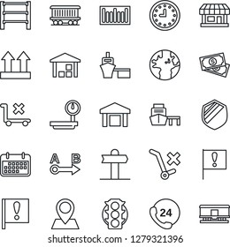 Thin Line Icon Set - signpost vector, earth, pin, railroad, important flag, store, cash, traffic light, 24 hours, clock, term, sea port, up side sign, no trolley, warehouse, shield, heavy scales