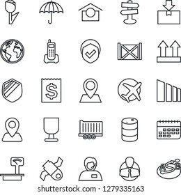 Thin Line Icon Set - signpost vector, navigation, earth, pin, plane, satellite, office phone, support, client, truck trailer, term, receipt, container, fragile, umbrella, warehouse storage, tulip
