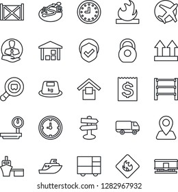 Thin Line Icon Set - signpost vector, navigation, plane, client, sea shipping, car delivery, clock, receipt, port, container, consolidated cargo, warehouse storage, up side sign, shield, heavy, rack