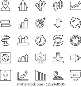 Thin Line Icon Set - signpost vector, right arrow, growth statistic, route, navigation, up side sign, sorting, update, data exchange, download, compass, target, graph, clock, presentation