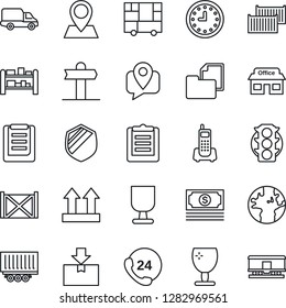 Thin Line Icon Set - signpost vector, earth, pin, store, cash, traffic light, office phone, 24 hours, mobile tracking, truck trailer, cargo container, car delivery, clock, consolidated, clipboard
