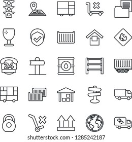Thin Line Icon Set - signpost vector, navigation, earth, traffic light, 24 hours, truck trailer, cargo container, car delivery, consolidated, folder document, fragile, warehouse storage, no trolley
