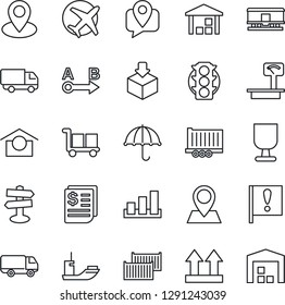 Thin Line Icon Set - signpost vector, pin, important flag, plane, traffic light, mobile tracking, sea shipping, truck trailer, cargo container, car delivery, receipt, fragile, umbrella, up side sign