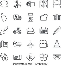 Thin Line Icon Set - signpost vector, ticket, border cone, trowel, butterfly, thermometer, pills bottle, ambulance star, term, flammable, flame disk, gamepad, video camera, radio phone, face id
