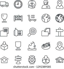 Thin Line Icon Set - signpost vector, navigation, earth, pin, traffic light, office phone, support, client, car delivery, clock, folder document, fragile, warehouse storage, no trolley, package