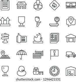 Thin Line Icon Set - signpost vector, navigation, important flag, store, office phone, support, client, mobile tracking, cargo container, car delivery, clock, receipt, sea port, clipboard, fragile