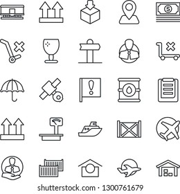 Thin Line Icon Set - signpost vector, navigation, important flag, plane, satellite, cash, client, sea shipping, cargo container, clipboard, fragile, umbrella, warehouse storage, up side sign