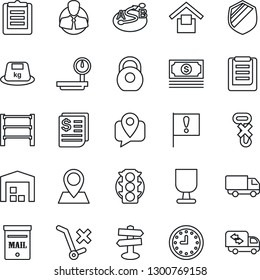 Thin Line Icon Set - signpost vector, pin, important flag, cash, traffic light, client, mobile tracking, car delivery, clock, receipt, clipboard, fragile, warehouse storage, no trolley, hook, shield
