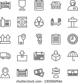 Thin Line Icon Set - signpost vector, pin, store, cash, office phone, support, client, mobile tracking, car delivery, clock, term, container, clipboard, fragile, umbrella, up side sign, no hook