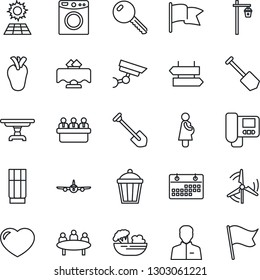Thin Line Icon Set - signpost vector, plane, meeting, job, garden light, real heart, pregnancy, user, calendar, sun panel, windmill, key, table, restaurant, drink, salad, intercome, washer, flag