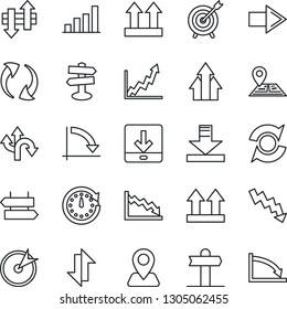Thin Line Icon Set - signpost vector, right arrow, crisis graph, route, navigation, up side sign, update, data exchange, download, bar, target, clock, growth