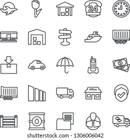 Thin Line Icon Set - signpost vector, store, plane, cash, office phone, 24 hours, client, sea shipping, truck trailer, car delivery, clock, container, folder document, umbrella, tulip, warehouse