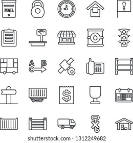 Thin Line Icon Set - signpost vector, important flag, store, satellite, traffic light, office phone, truck trailer, cargo container, car delivery, clock, term, receipt, consolidated, clipboard, rack