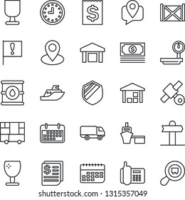 Thin Line Icon Set - signpost vector, pin, important flag, satellite, cash, office phone, mobile tracking, sea shipping, car delivery, clock, term, receipt, port, container, consolidated cargo