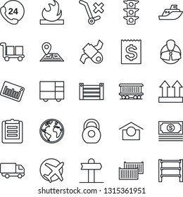 Thin Line Icon Set - signpost vector, navigation, earth, railroad, plane, satellite, cash, traffic light, 24 hours, client, sea shipping, cargo container, car delivery, receipt, consolidated, heavy