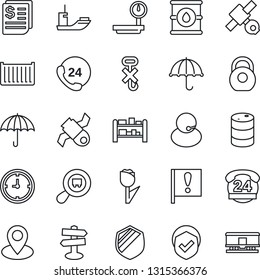 Thin Line Icon Set - signpost vector, pin, important flag, satellite, 24 hours, support, sea shipping, cargo container, clock, receipt, umbrella, no hook, tulip, shield, heavy, oil barrel, scales