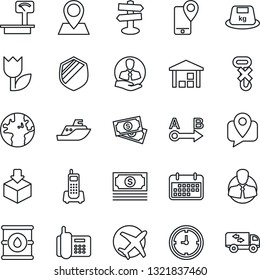 Thin Line Icon Set - signpost vector, earth, pin, plane, cash, office phone, client, mobile tracking, sea shipping, clock, term, no hook, tulip, warehouse, package, shield, heavy, oil barrel, scales