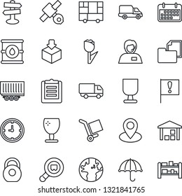 Thin Line Icon Set - signpost vector, earth, pin, important flag, satellite, support, truck trailer, car delivery, clock, term, consolidated cargo, clipboard, folder document, fragile, umbrella