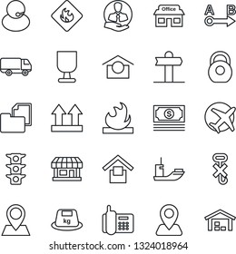 Thin Line Icon Set - signpost vector, navigation, pin, store, plane, cash, traffic light, office phone, support, client, sea shipping, car delivery, folder document, fragile, warehouse storage