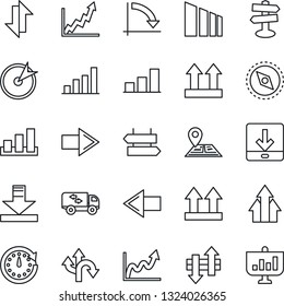 Thin Line Icon Set - signpost vector, right arrow, left, crisis graph, route, navigation, up side sign, sorting, data exchange, download, compass, bar, moving, target, clock, growth, presentation