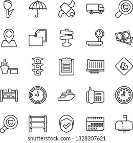 Thin Line Icon Set - signpost vector, pin, satellite, cash, traffic light, office phone, sea shipping, truck trailer, car delivery, clock, term, port, clipboard, folder document, umbrella, tulip