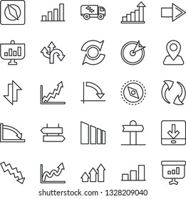 Thin Line Icon Set - signpost vector, right arrow, growth statistic, crisis graph, route, navigation, sorting, update, data exchange, download, compass, bar, moving, target, up, presentation