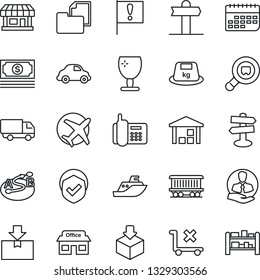 Thin Line Icon Set - signpost vector, railroad, important flag, store, plane, cash, office phone, client, sea shipping, car delivery, term, folder document, fragile, no trolley, warehouse, package