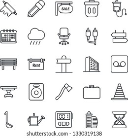 Thin Line Icon Set - signpost vector, border cone, office building, chair, case, watering can, rain, axe, bench, dropper, speaker, rca, stopwatch, record, pencil, sale, rent, table, ladle, trash bin