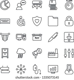 Thin Line Icon Set - signpost vector, storm cloud, hierarchy, pennant, pen, statistic monitor, dropper, heart shield, disabled, microphone, settings, speaker, folder, download, pie graph, book, rent