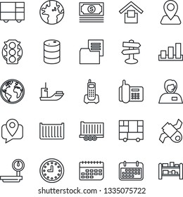 Thin Line Icon Set - signpost vector, navigation, earth, satellite, cash, traffic light, office phone, support, mobile tracking, sea shipping, truck trailer, cargo container, clock, term, sorting