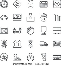 Thin Line Icon Set - signpost vector, navigation, store, cash, traffic light, client, car delivery, clock, term, container, consolidated cargo, fragile, up side sign, no hook, package, sorting