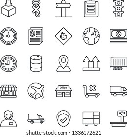 Thin Line Icon Set - signpost vector, navigation, earth, store, plane, cash, traffic light, support, truck trailer, car delivery, clock, receipt, consolidated cargo, clipboard, up side sign, hook