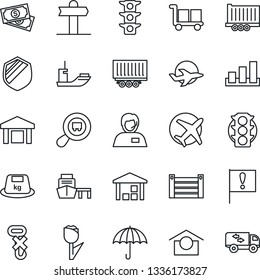 Thin Line Icon Set - signpost vector, important flag, plane, cash, traffic light, support, sea shipping, truck trailer, port, container, cargo, umbrella, warehouse storage, no hook, tulip, sorting