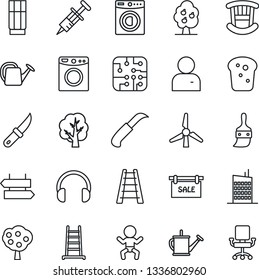 Thin Line Icon Set - signpost vector, baby, ladder, tree, watering can, garden knife, syringe, headphones, themes, user, windmill, fruit, sale, children room, washer, city house, drink, bread, chip