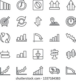 Thin Line Icon Set - signpost vector, growth statistic, crisis graph, navigation, up side sign, sorting, update, data exchange, download, compass, bar, moving, target, arrow, clock