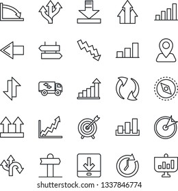 Thin Line Icon Set - signpost vector, left arrow, growth statistic, crisis graph, route, navigation, up side sign, sorting, update, data exchange, download, compass, bar, moving, target, clock