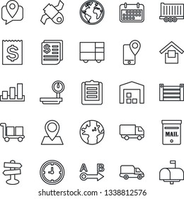 Thin Line Icon Set - signpost vector, earth, pin, satellite, mobile tracking, truck trailer, car delivery, clock, term, receipt, container, consolidated cargo, clipboard, warehouse storage, sorting