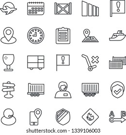 Thin Line Icon Set - signpost vector, navigation, pin, important flag, plane, support, mobile tracking, sea shipping, truck trailer, cargo container, clock, term, consolidated, clipboard, fragile