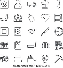 Thin Line Icon Set - signpost vector, pedestal, office binder, fence, caterpillar, heart pulse, clipboard, car delivery, film frame, stop button, user, sertificate, company, clock, checklist, tie