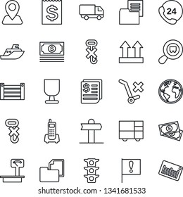 Thin Line Icon Set - signpost vector, navigation, earth, important flag, cash, traffic light, office phone, 24 hours, sea shipping, car delivery, receipt, container, consolidated cargo, fragile
