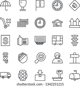 Thin Line Icon Set - signpost vector, important flag, traffic light, office phone, support, truck trailer, cargo container, car delivery, clock, receipt, consolidated, fragile, umbrella, no trolley