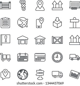 Thin Line Icon Set - signpost vector, navigation, earth, important flag, plane, mobile tracking, truck trailer, car delivery, clock, term, container, clipboard, cargo, up side sign, no hook, package