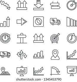 Thin Line Icon Set - signpost vector, right arrow, growth statistic, crisis graph, route, navigation, up side sign, sorting, download, compass, moving, target, clock, presentation