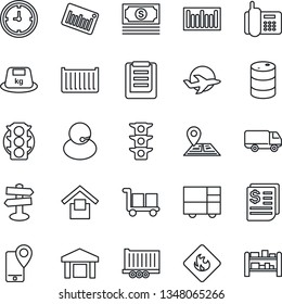Thin Line Icon Set - signpost vector, navigation, plane, cash, traffic light, office phone, support, mobile tracking, truck trailer, cargo container, car delivery, clock, receipt, consolidated, rack