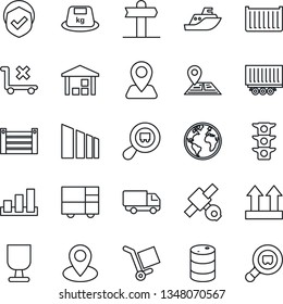 Thin Line Icon Set - signpost vector, navigation, earth, pin, satellite, traffic light, sea shipping, truck trailer, cargo container, car delivery, consolidated, fragile, up side sign, no trolley