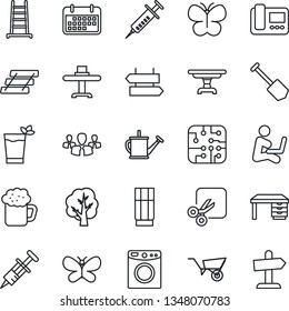 Thin Line Icon Set - signpost vector, desk, job, ladder, tree, watering can, wheelbarrow, butterfly, syringe, term, cut, paper tray, table, restaurant, drink, phyto bar, beer, chip, intercome, group